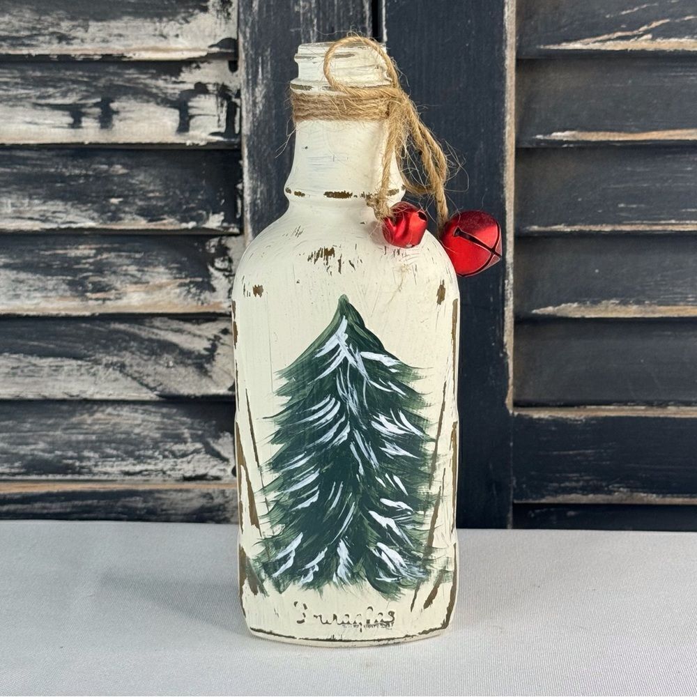 Hand Painted Pine Trees, Old Bottle, Red Bells
